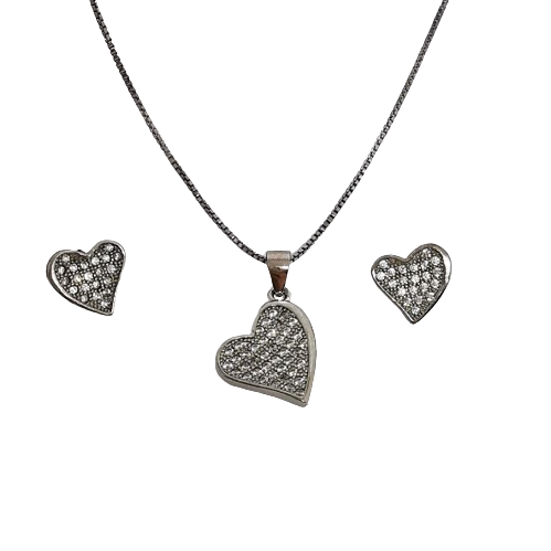 Set de bijuterii argint format din lanț, cercei și pandantiv inimioare