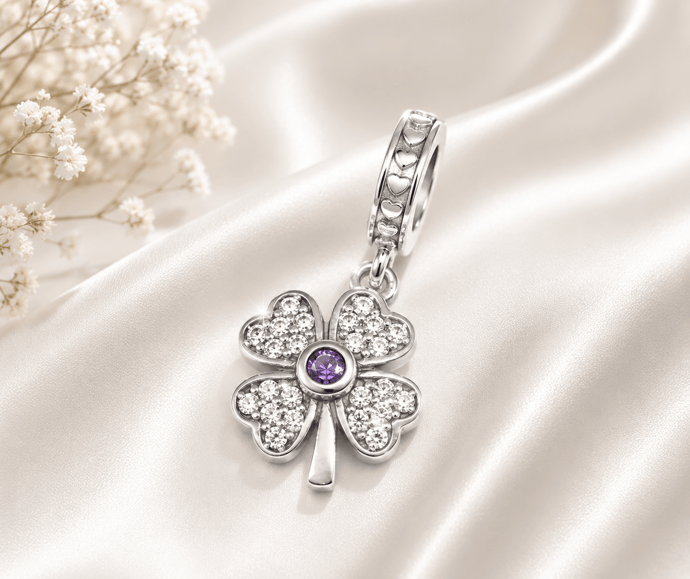Talisman Charm Argint 925 Trifoi cu 4 foi și zirconia albastră