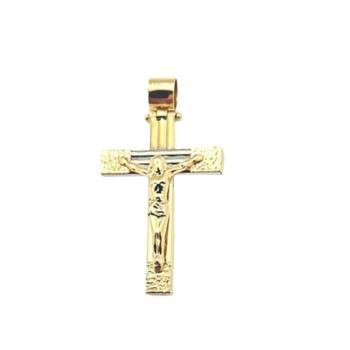 Pandantiv cruce de aur alb și galben 14K model Iisus pe cruce