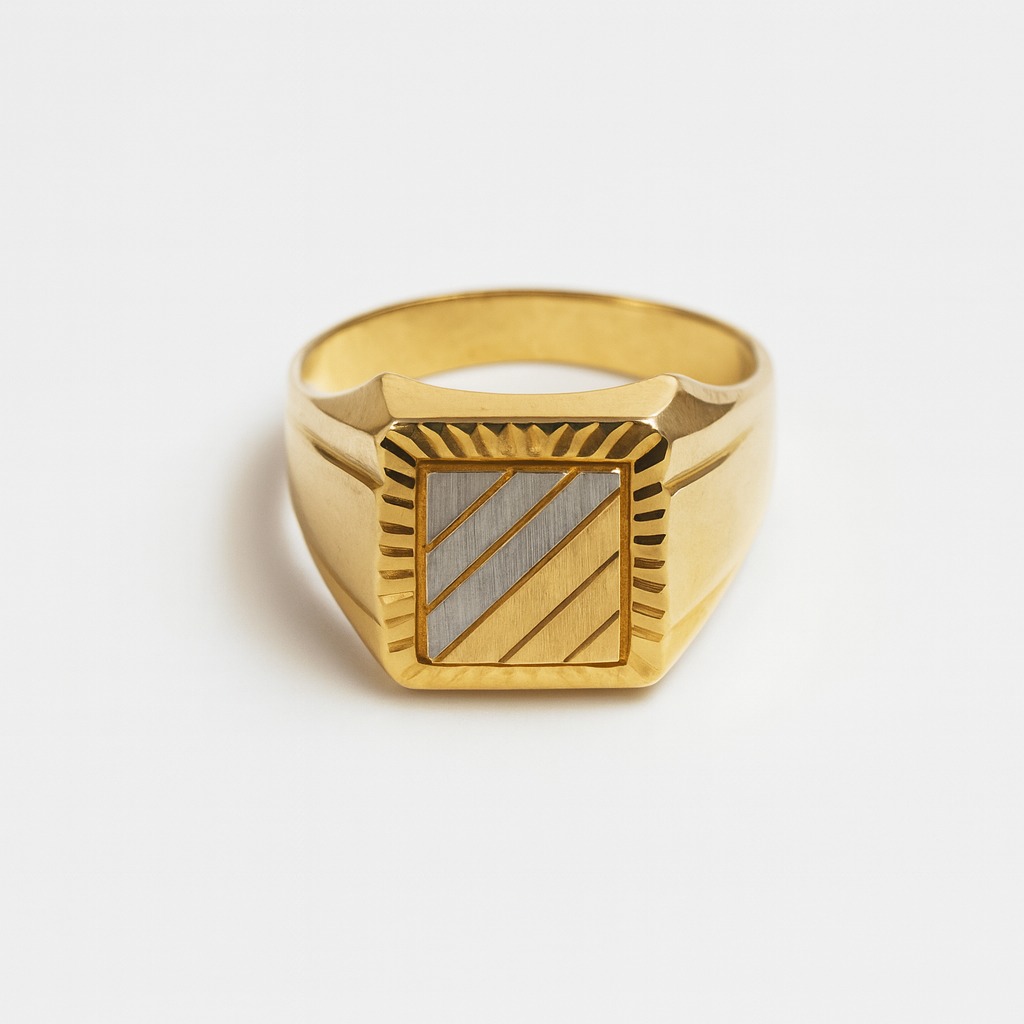 Inel bărbătesc din aur galben 14K tip sigiliu, design clasic gravat