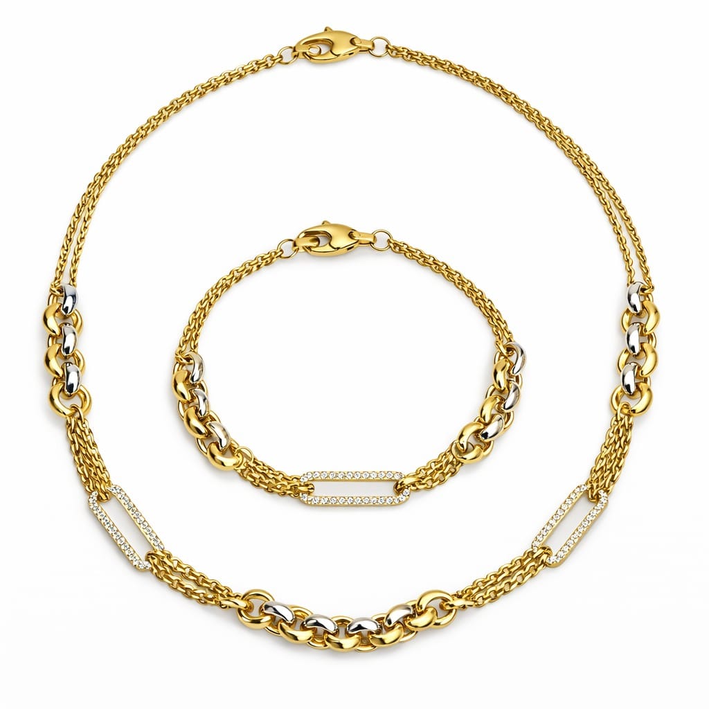 Set bijuterii aur 14K – Lanț și brățară cu zale și elemente zirconii, model modern