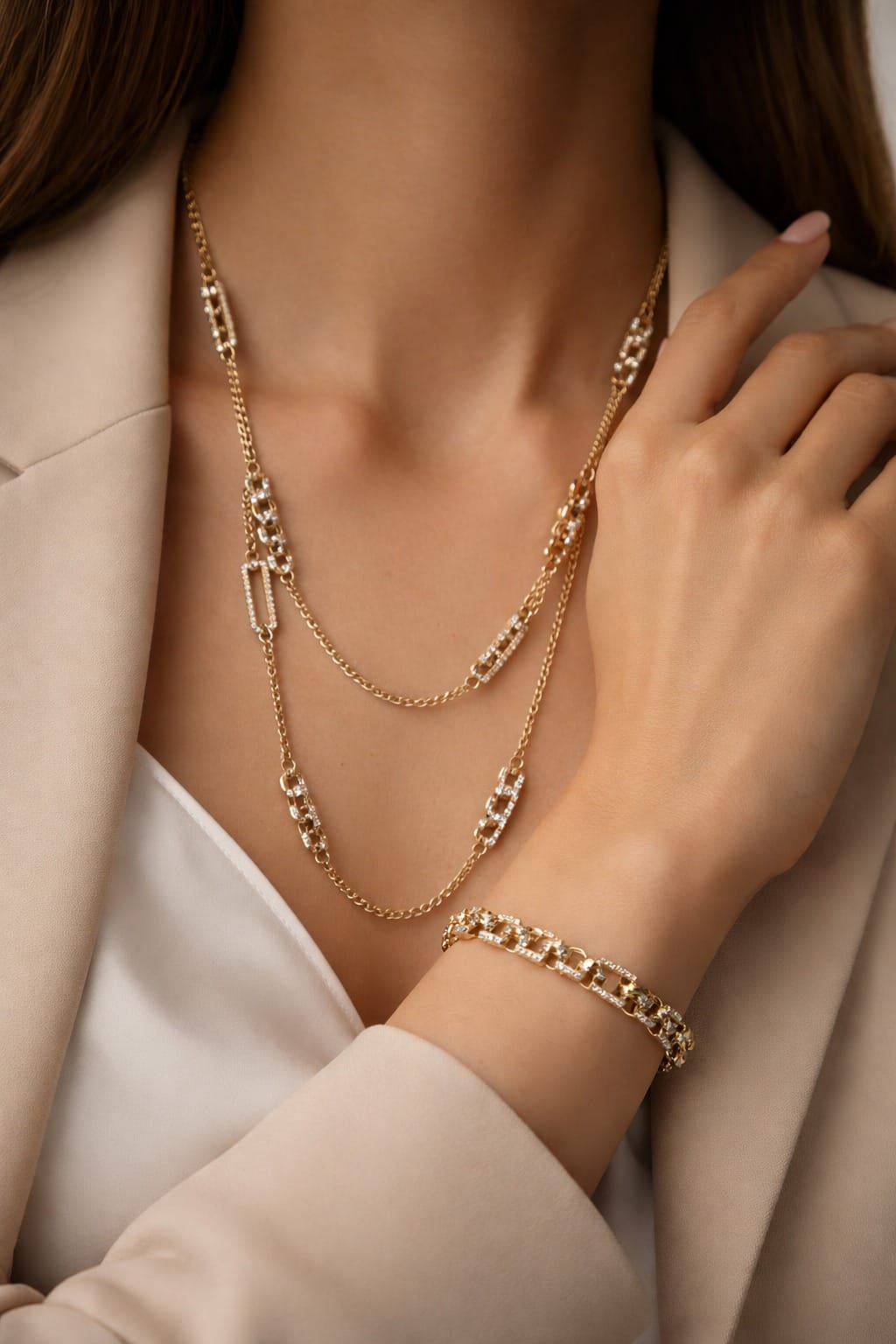 Set bijuterii aur 14K – Lanț și brățară cu zale și elemente zirconii, model modern