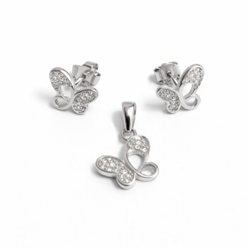 Set bijuterii fluture din argint 925 cu zirconia – cercei și pandantiv eleganți