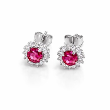 Cercei Argint 925 cu Zircon Roz & Halo de Zircon Alb