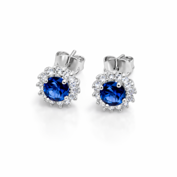 Cercei argint 925 cu zircon albastru tip safir și halo de zirconii – model SAPPHIRE HALO