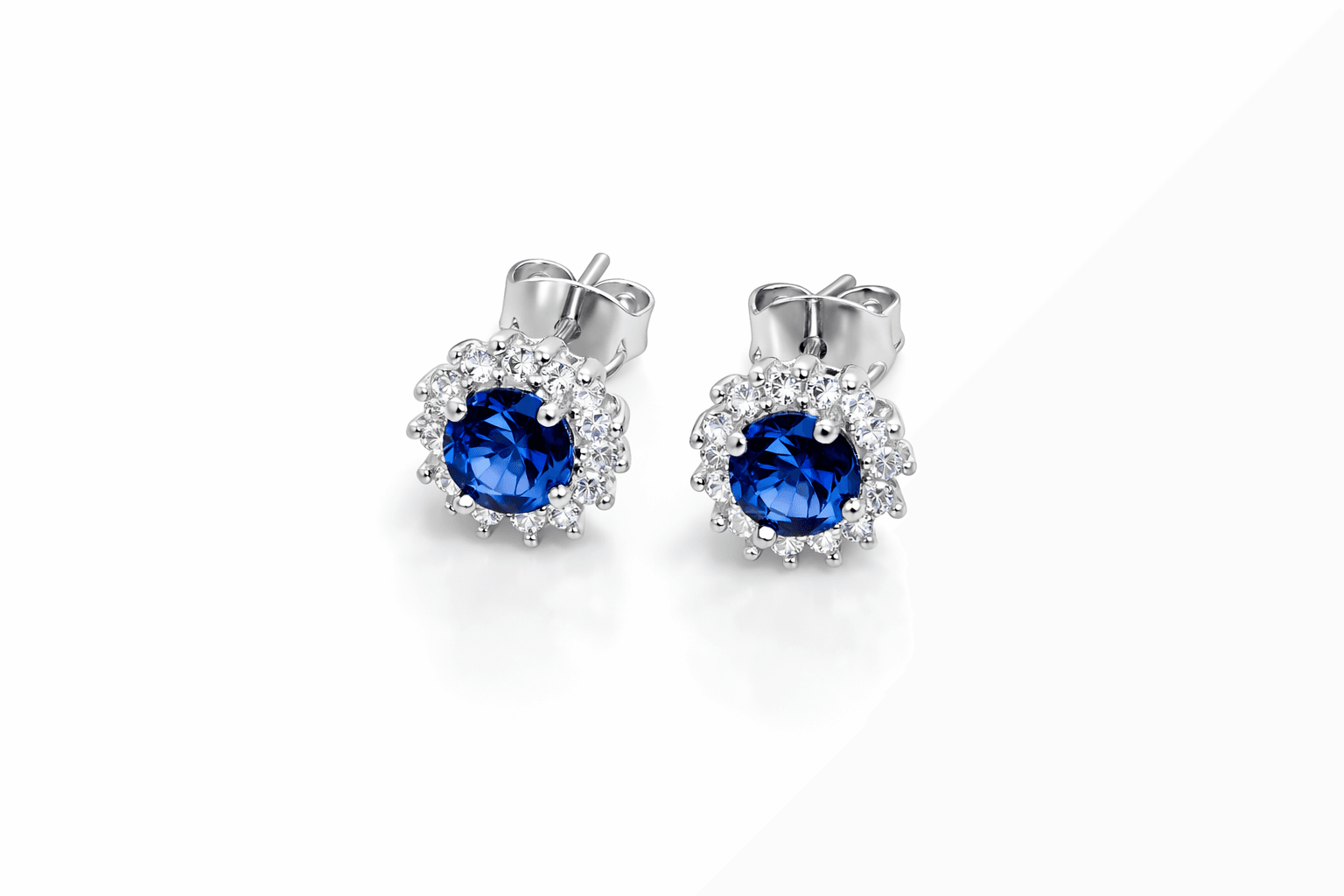 Cercei argint 925 cu zircon albastru tip safir și halo de zirconii – model SAPPHIRE HALO
