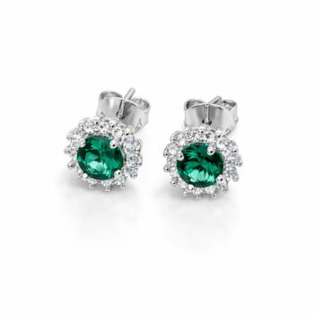 Cercei argint 925 cu zircon verde și halo de zirconiu alb – model EMERALD HALO