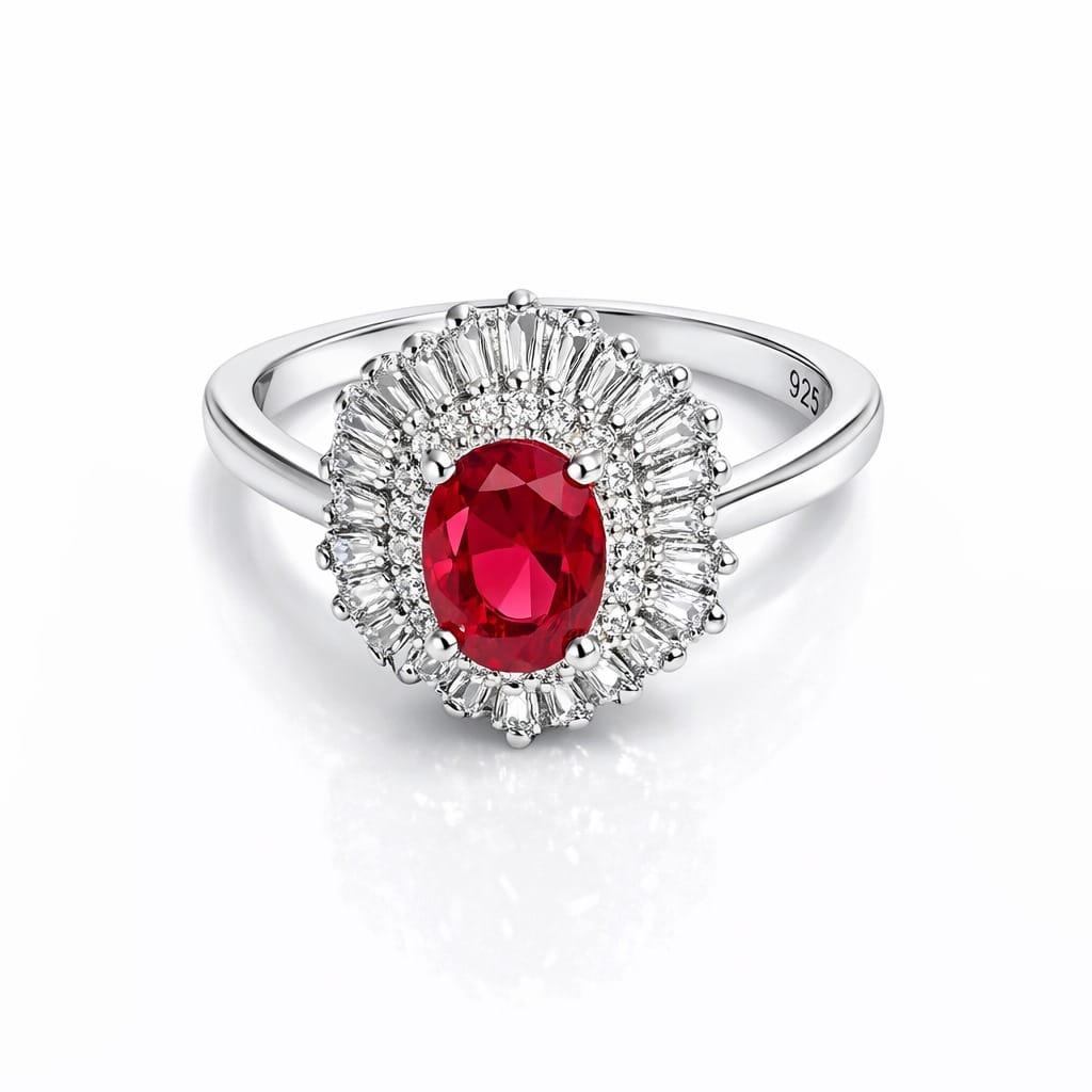 Inel din Argint 925 cu Zircon Roșu Oval și Halo de Zirconii – Eleganță Regală