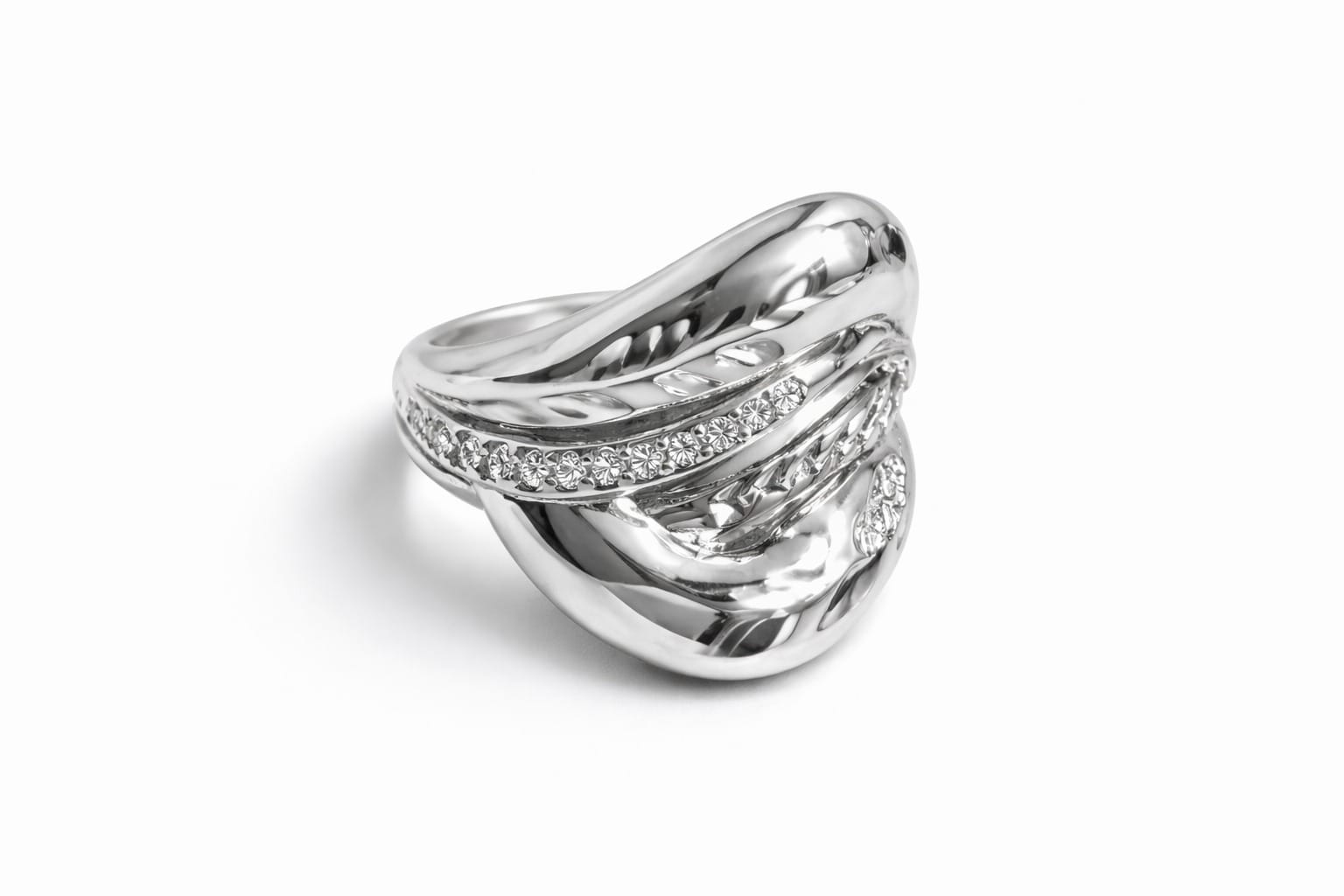 Inel din argint 925, design modern tip împletit cu zirconii – statement elegant